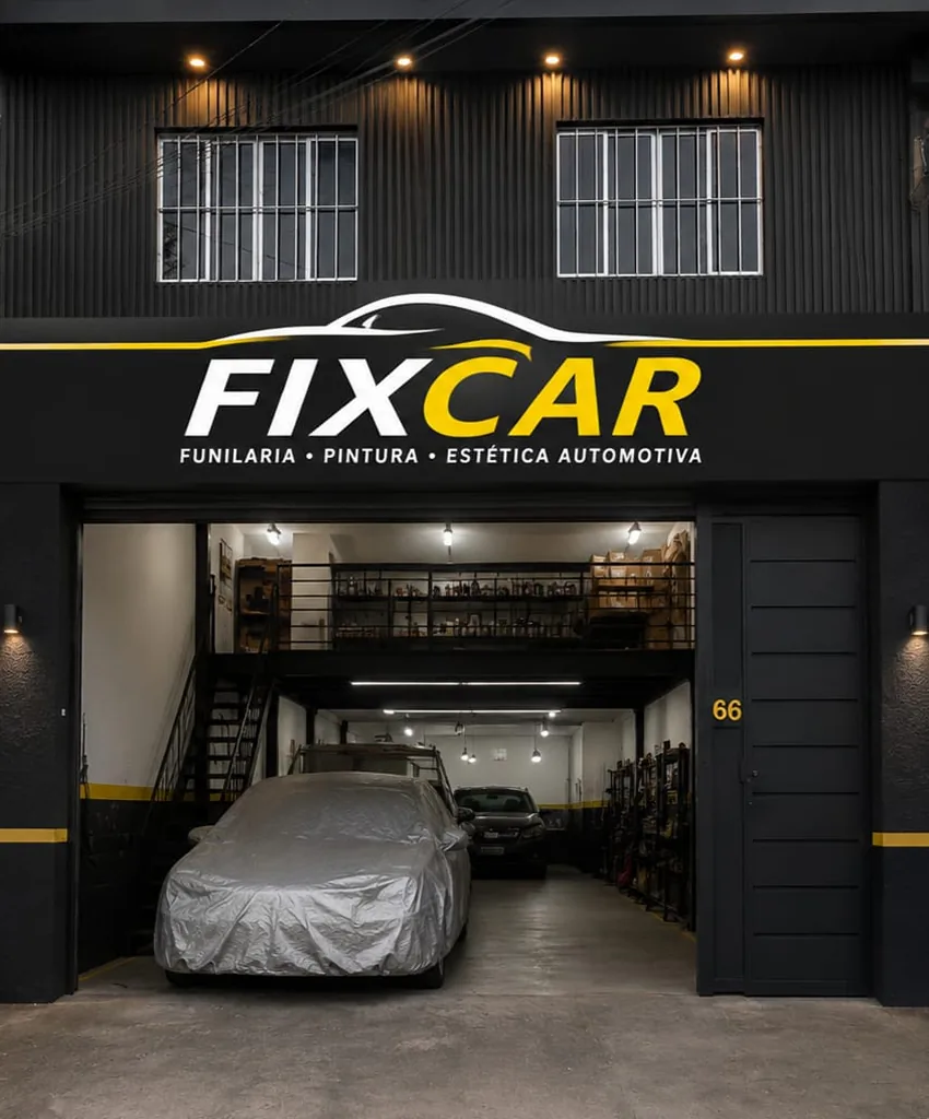 Fachada da oficina FIX CAR no Jardim Iguatemi, com a entrada aberta e veículos no interior.