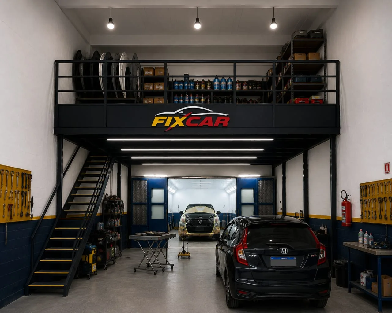 Área interna da oficina FIX CAR, com ferramentas organizadas, veículos e cabine de pintura ao fundo.