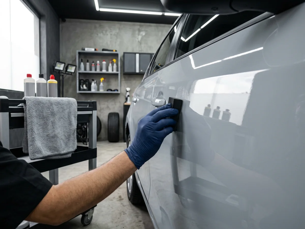 Aplicação de produto de cristalização na lateral de um carro cinza-claro.