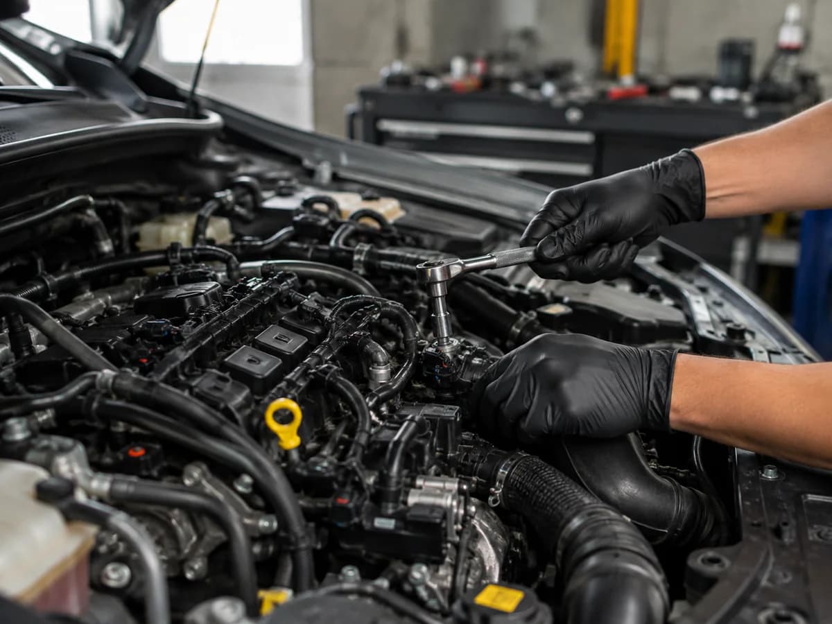 Verificação de componente no vão do motor de um veículo.